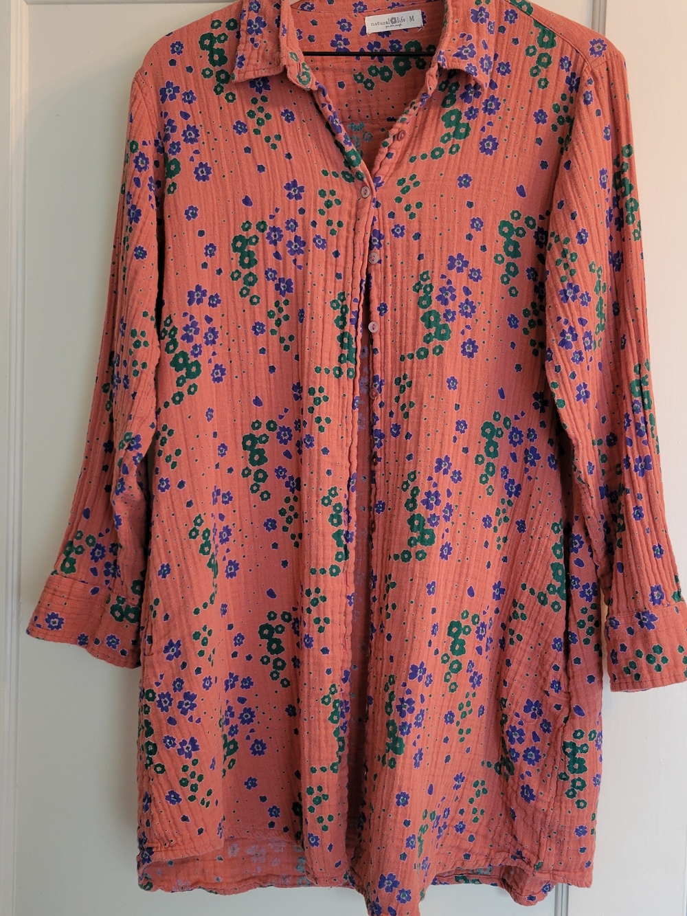 NATURAL LIFE Coral Button-Down Tunic with Green and Purple Floral Print